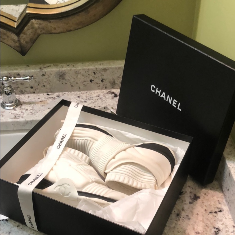 Chanel White Knit Trainers